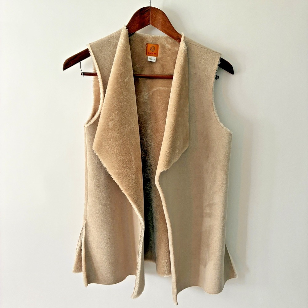 Ruby Rd Women's Small Tan Faux Suede Sherpa Lined Open Vest Layer Cabincore